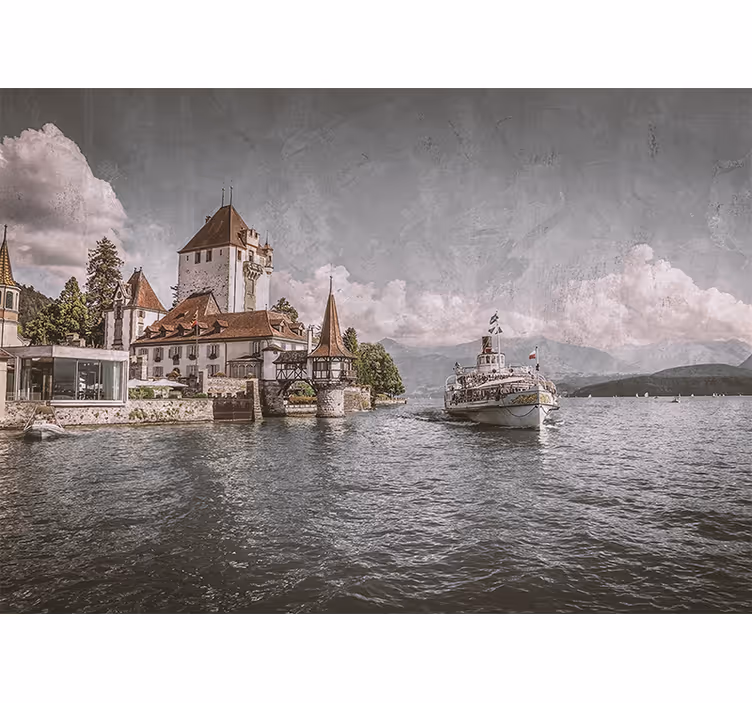 Rolo zavesa za dnevno sobo klasična hiša ob jezeru z čolnom - TenStickers