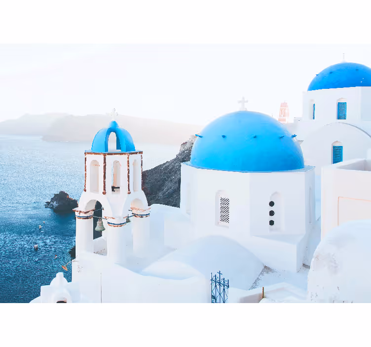 Bela rolo zavesa santorini bele in modre hiše ter ocean - TenStickers