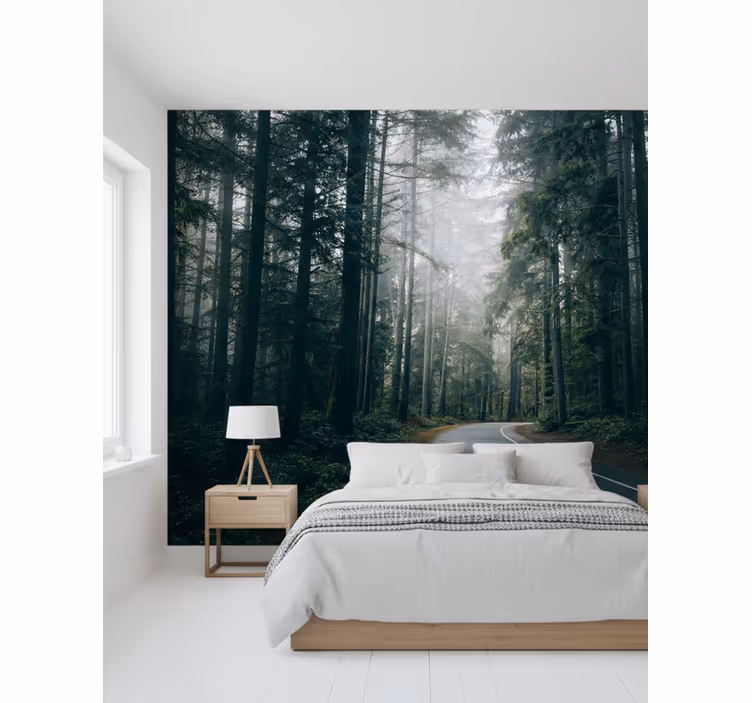 Foggy pine road fototapeta gozd - TenStickers