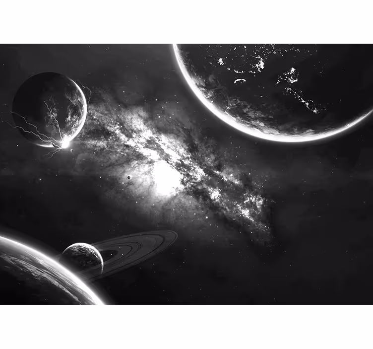 Galaksije in planeti v sivem zidu - TenStickers