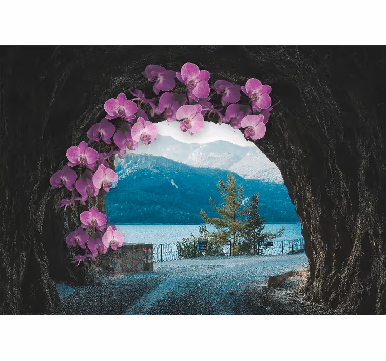 Orhideje uokvirjajo pokrajino Fototapete cvetje - TenStickers