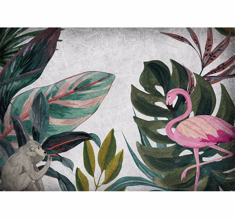 Flamingo and monkey jungle tapeta - TenStickers