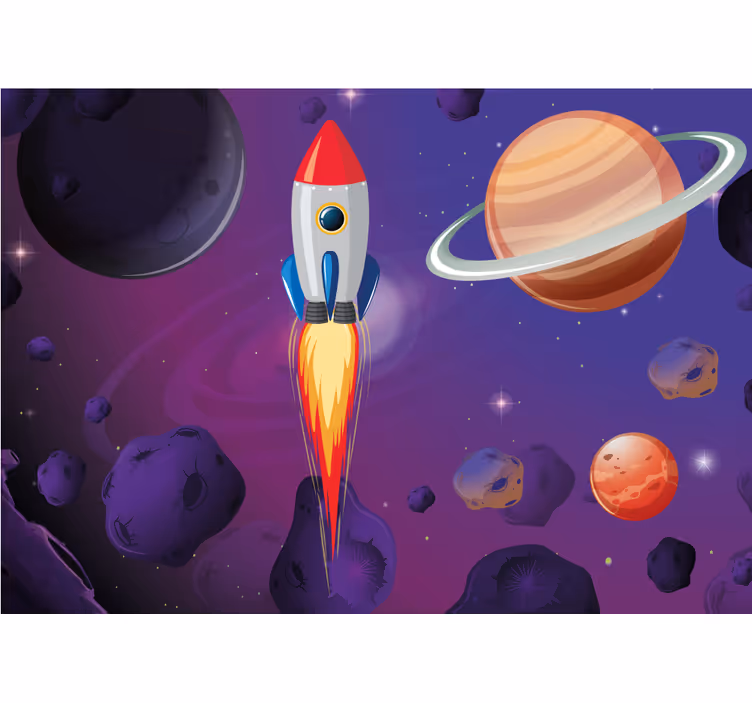Otroške stenske fototapeteiz risanke raketa skozi vesolje - TenStickers