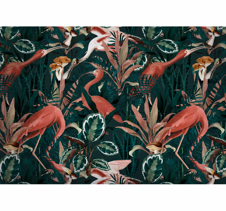 Fototapete z živalmi flamingosi med listjem - TenStickers