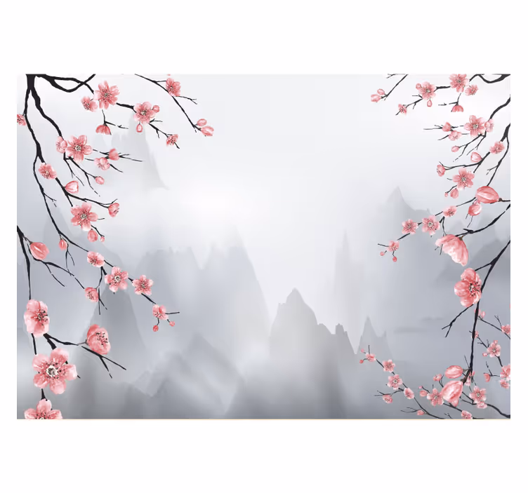 Veje cvetja sivke japonskega razgleda Fototapeta z gorami - TenStickers