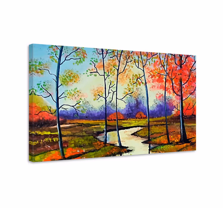 Autumn river scene platno slika zemljevidov - TenStickers
