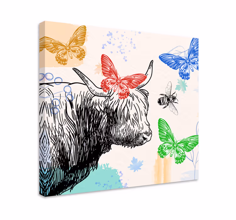 Highland cow and butterflies platna slike z živalmi - TenStickers