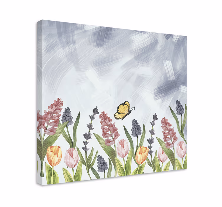 Butterfly among blooms slikarsko platno z rožami - TenStickers