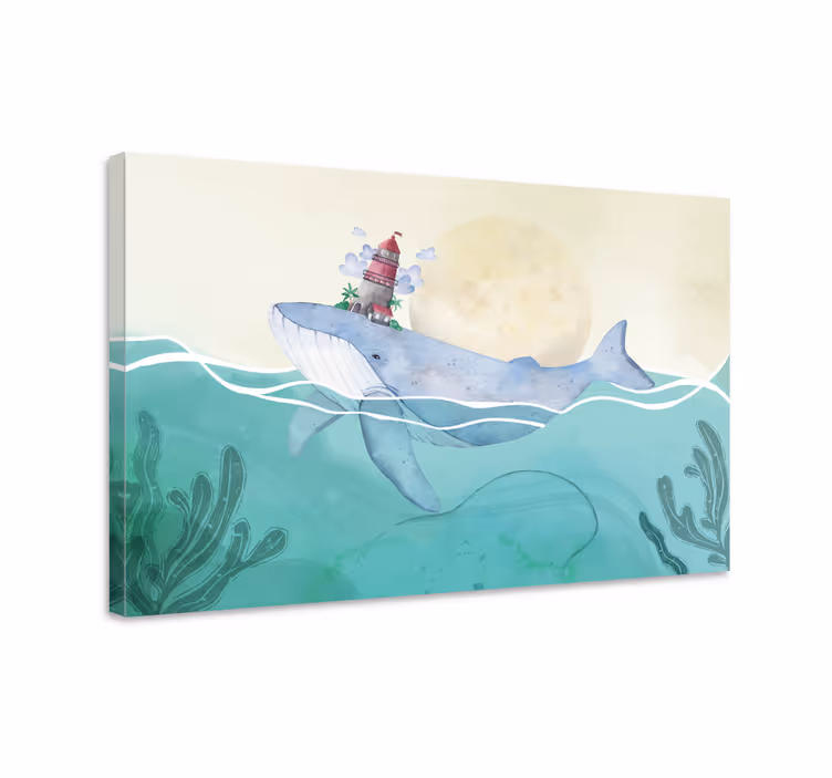 Whale and lighthouse slikanje na platnu z morjem - TenStickers