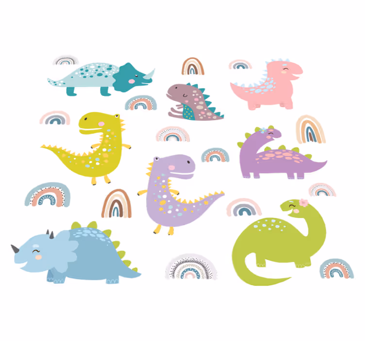 Vinilne preproge za spalnico nordijski dinozavri z mavricami - TenStickers