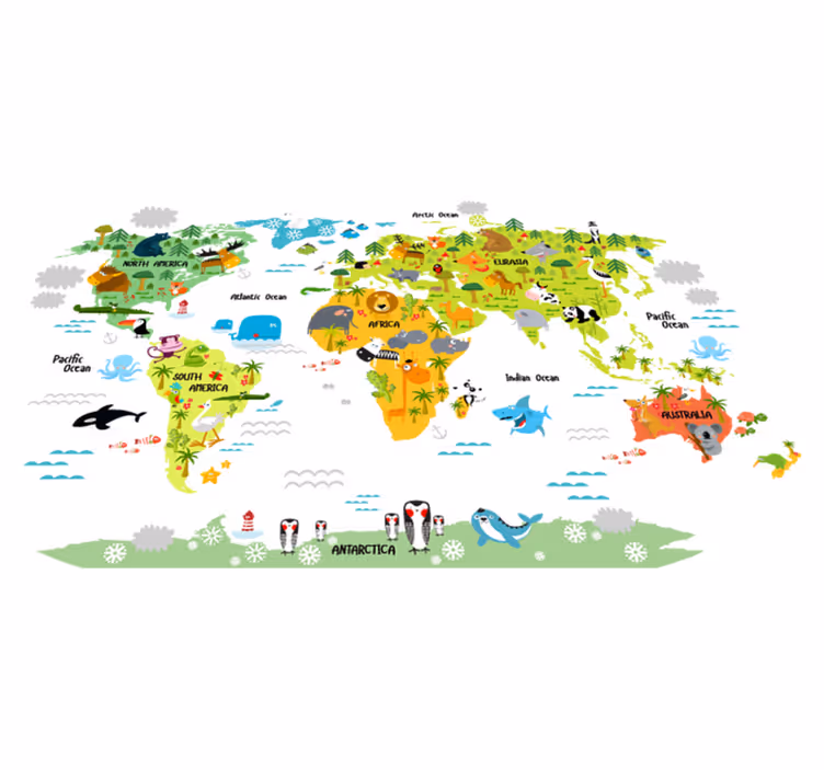 Vinilna preproga z zemljevidom sveta angleška fauna - TenStickers
