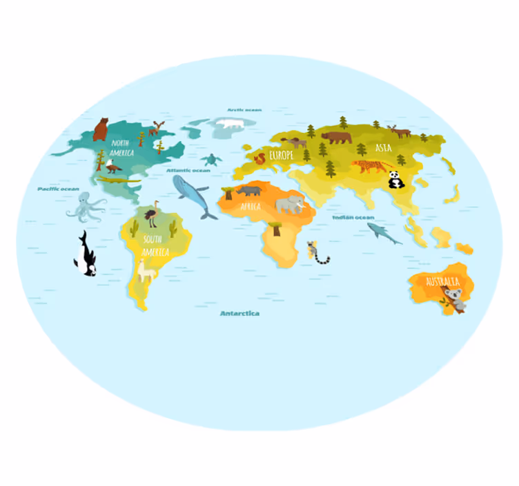 Illustrated animal map vinilna preproga sveta - TenStickers