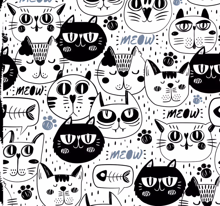 črno -beli mačji obrazi za otroške tapeta - TenStickers