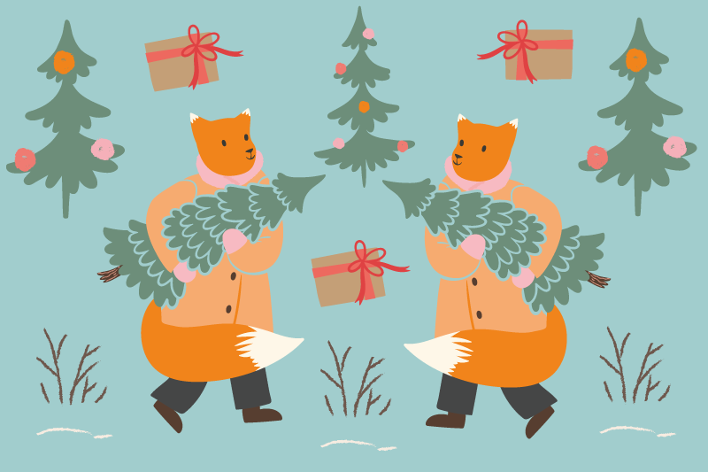 Dve lisici, ki nosita veje, božični pogrinjki - TenStickers