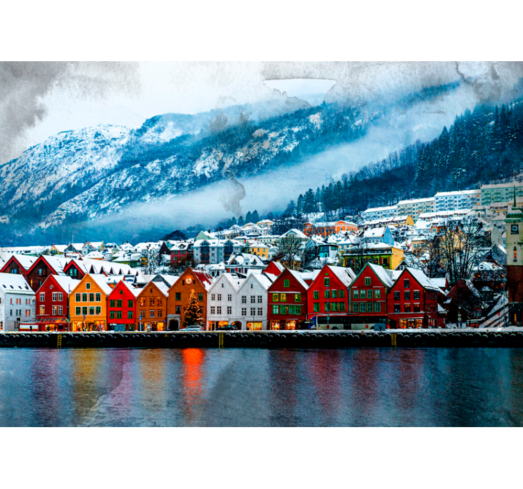 Colorful lakeside cabins in fototapete mest - TenStickers