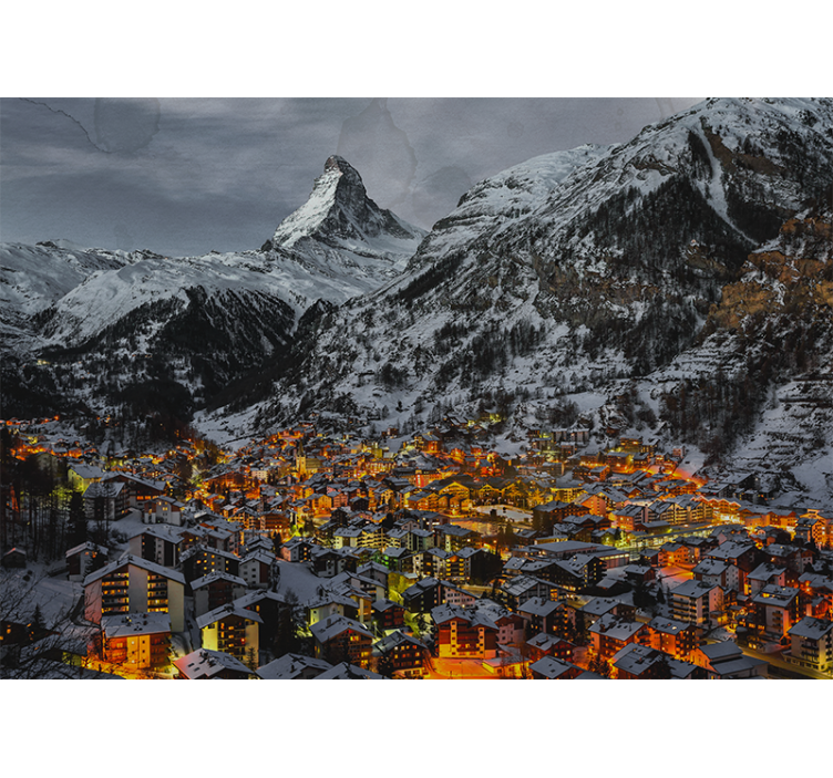 Snowy alpine village fototapeta z gorami - TenStickers