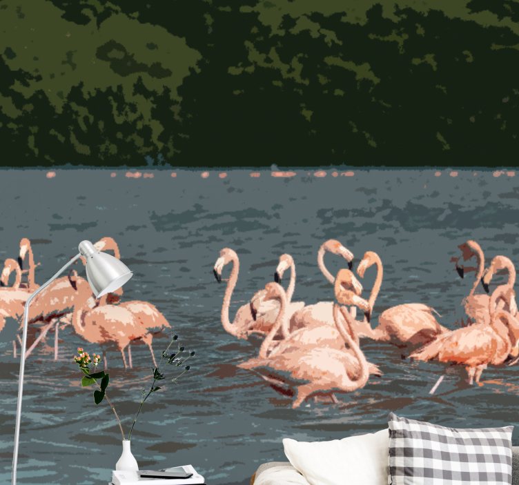 Flamingo flock gathering fototapete z živalmi - TenStickers