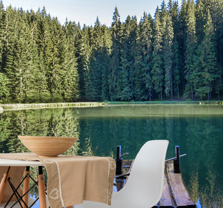 Jezero z zelenimi drevesi za gozdno steno - TenStickers