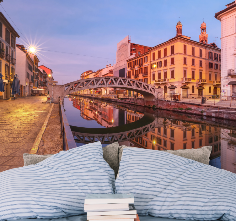 Milan canal reflection fototapeta mest in držav - TenStickers