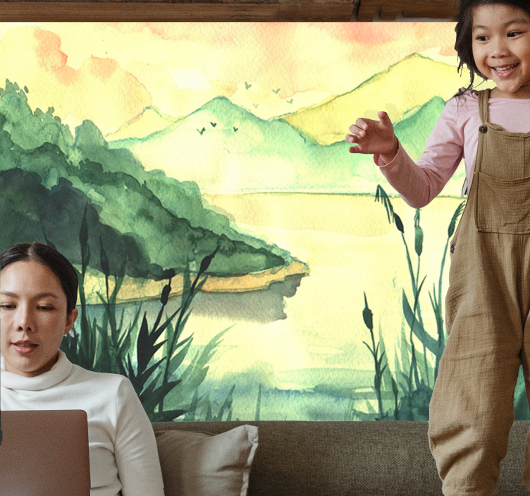 Mirna pokrajina ročnega risanja Fototapeta z jezeri - TenStickers