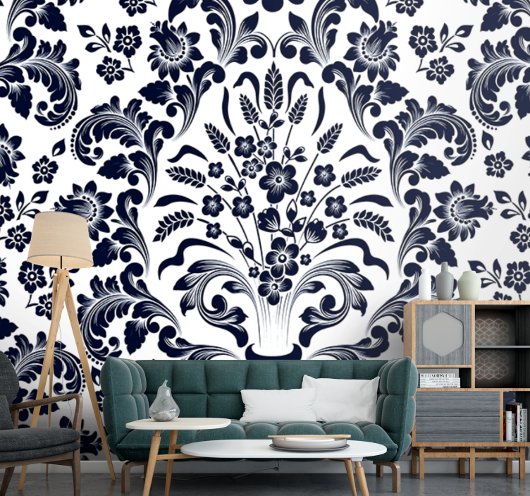 Navy floral pattern fototapete s cvetjem - TenStickers