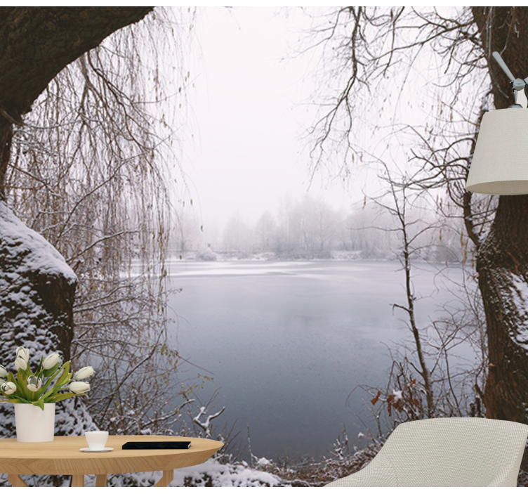 Pogled na zamrznjeno jezero Fototapeta z gorami - TenStickers