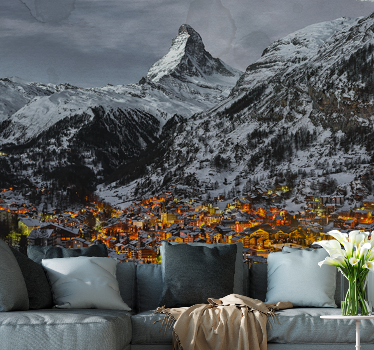 Snowy alpine village fototapeta z gorami - TenStickers