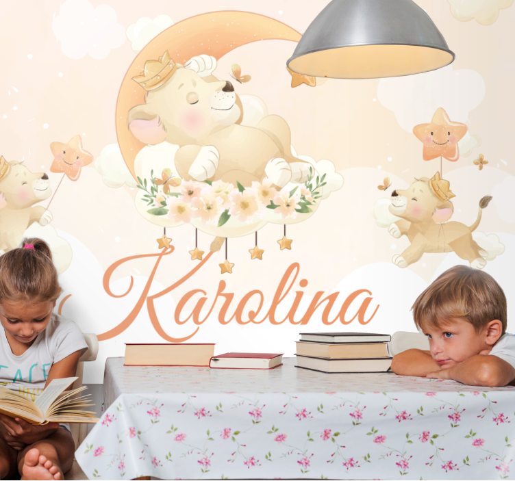 Srčkan žival lev z imenom otroške stenske fototapete - TenStickers