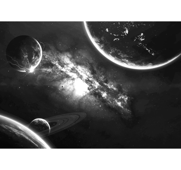 Galaksije in planeti v ozadju sivega prostora - TenStickers