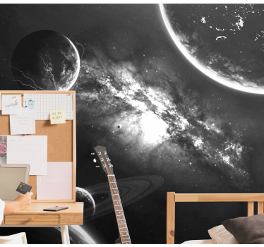 Galaksije in planeti v ozadju sivega prostora - TenStickers