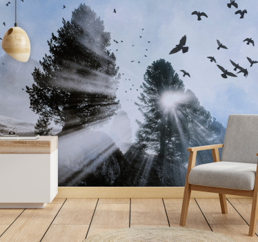 Radiant orest rays with birds fototapeta gozd - TenStickers