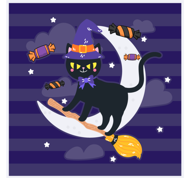 Witch cat on broom podstavek za kozarce halloween - TenStickers