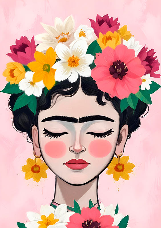 Plakat z umetniško tematiko klobuk z rožami frida - TenStickers