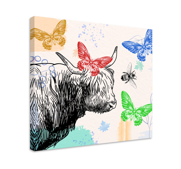 Highland cow and butterflies platna slike z živalmi - TenStickers