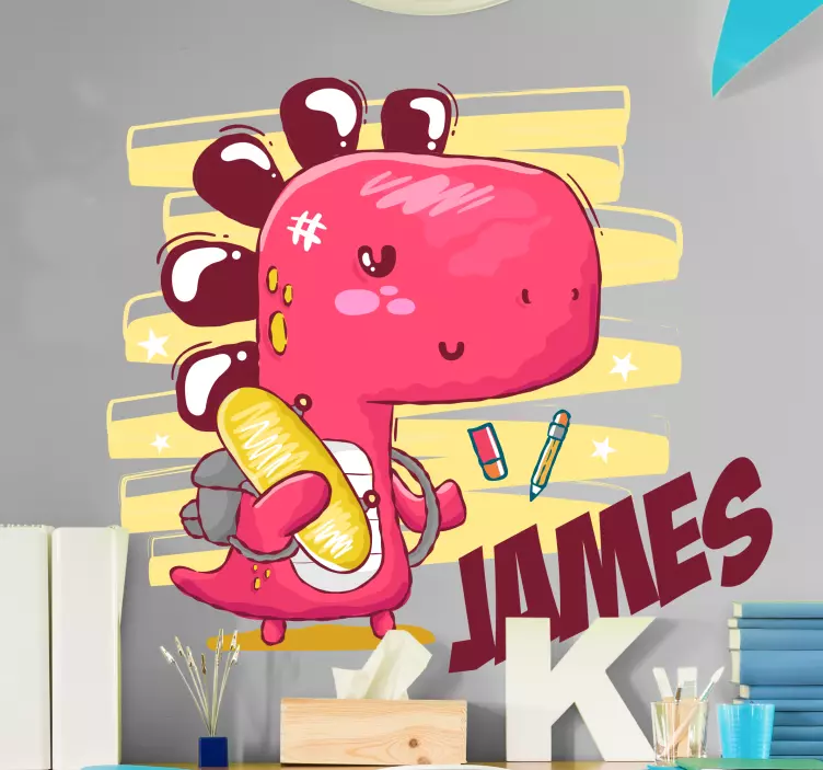 Grem v šolo dino z nalepko z imenom dinozaver - TenStickers