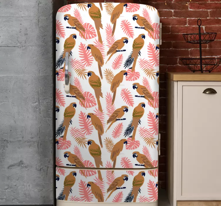 Nalepka hladilnika oranžne papige z rožnatimi cvetovi - TenStickers