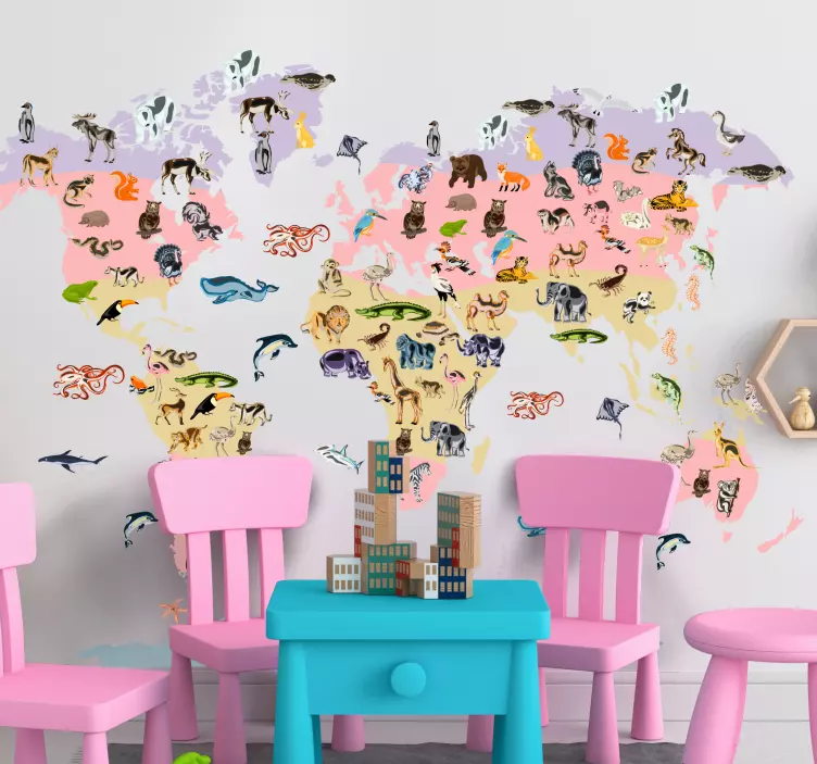 Pastelni živalski motiv nalepka zemljevida sveta - TenStickers