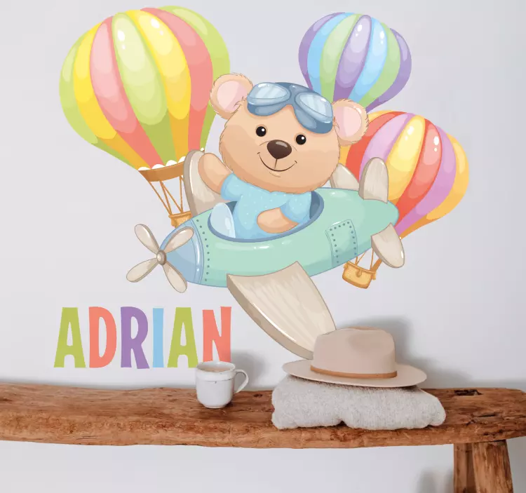 Prisrčen medved na letalu z nalepko balonov - TenStickers