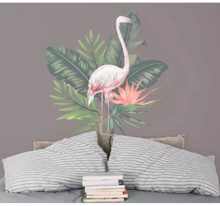 Vodna barva flamingo in listi monstera Stenske nalepke za ptice - TenStickers