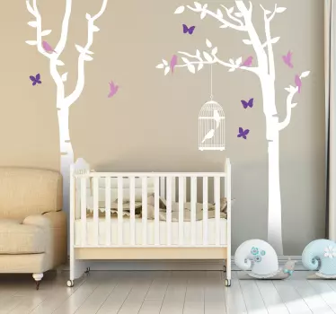 Drevesa s pticami in metulji stene decal - TenStickers