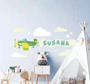 Letalo z imenom in oblaki ilustracija stenska umetnost - TenStickers