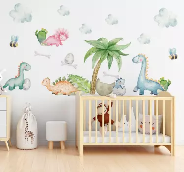 Ljubki akvarelni dinozavri otroška nalepka za steno - TenStickers