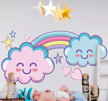 Nasmejana ljubka mavrična oblačka s srčki risanka na steno - TenStickers