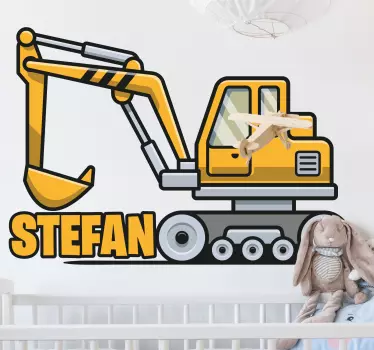Rumeni bager z risbami z imenom ilustracija stenske umetnosti - TenStickers