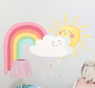Srečno sonce in oblaki z mavrično risanko na steno - TenStickers