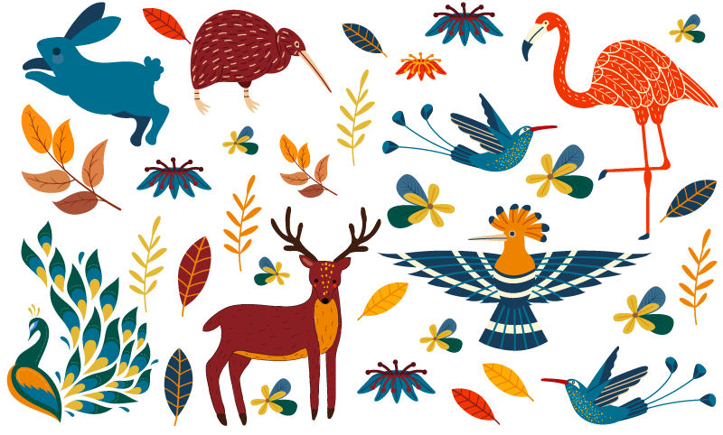 Tepih z živalskim potiskom v stilu tengango z rastlinami - TenStickers