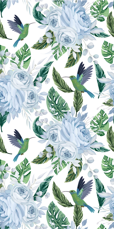 Cvetlična vinilna preproga modri vrtni cvetovi z pticami - TenStickers