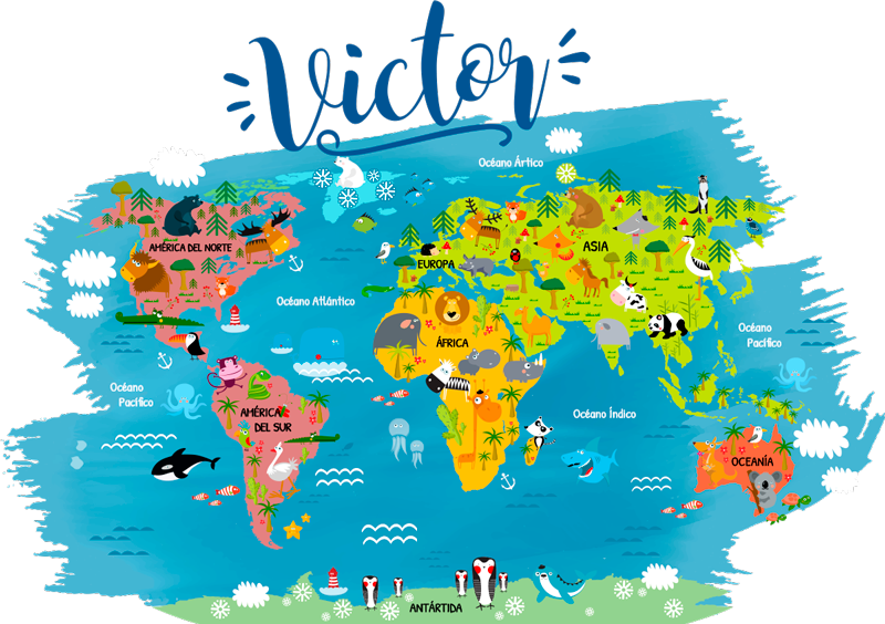 Vinilna preproga z zemljevidom sveta z imeni živali - TenStickers