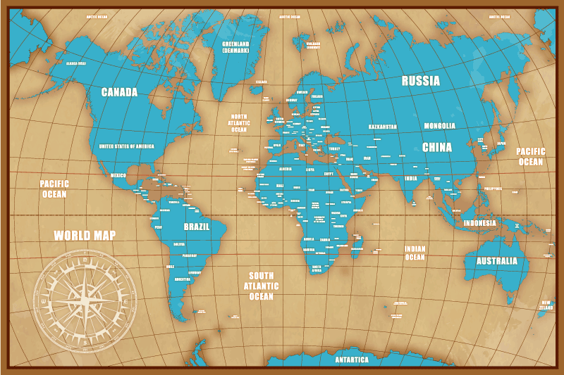 Modra zemlja na preprogi svetovnega zemljevida z rjavim okvirjem - TenStickers
