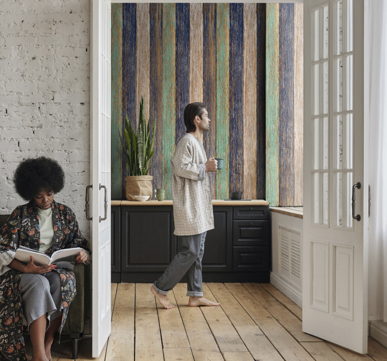 Modra in rjava tapeta z efektom laminatnega lesa - TenStickers